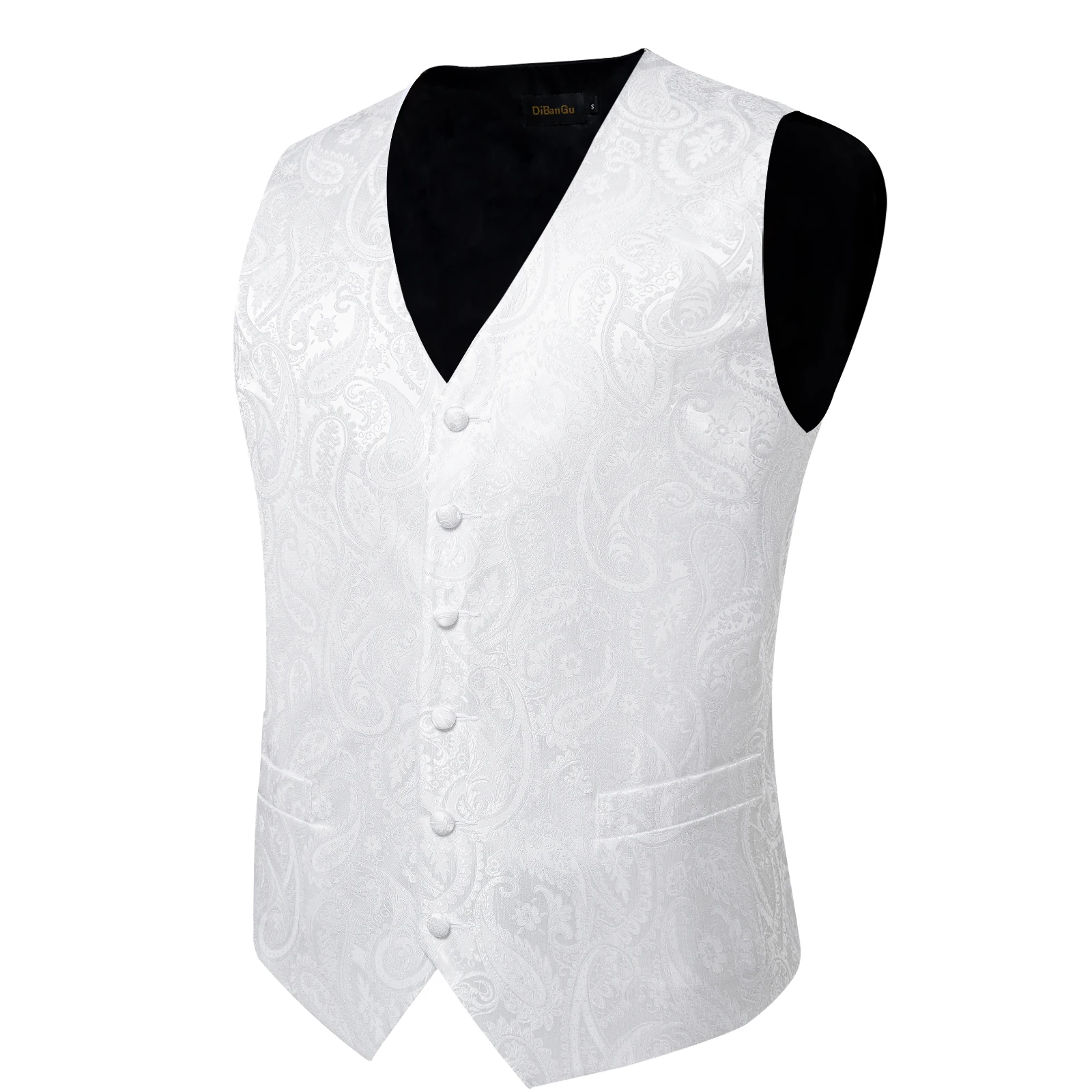 Reinweiße Hochzeitsweste für Herren, ärmellos, V-Ausschnitt, Satin, luxuriöse Herrenweste, Krawatte, Einstecktuch, Manschettenknöpfe, Clip, 5-teiliges Set, Geschenk – Detail 14