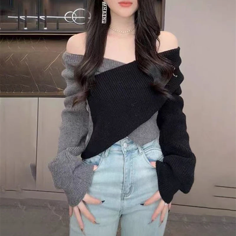 الخريف المرأة مثير طويلة الأكمام خارج الكتف سترة الشتاء عادية بلوفر مغزول موضة أنيقة عبر اللون تقسم تريكو