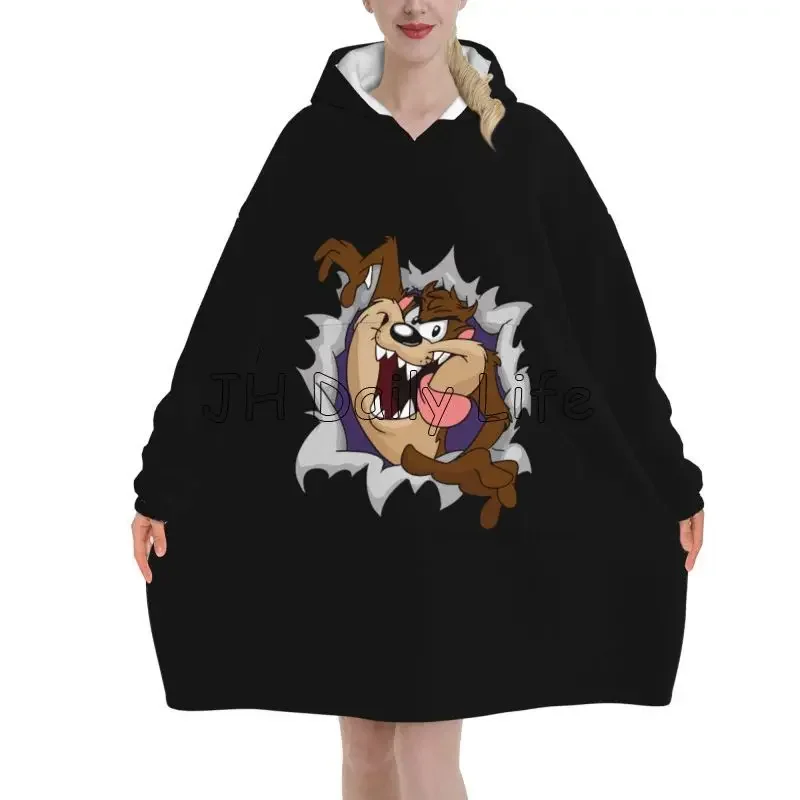 Manta con capucha portátil negra del diablo de Tasmania para mujer, jersey de franela de gran tamaño, sudadera suave, cálida y acogedora manta de Sherpa de lana