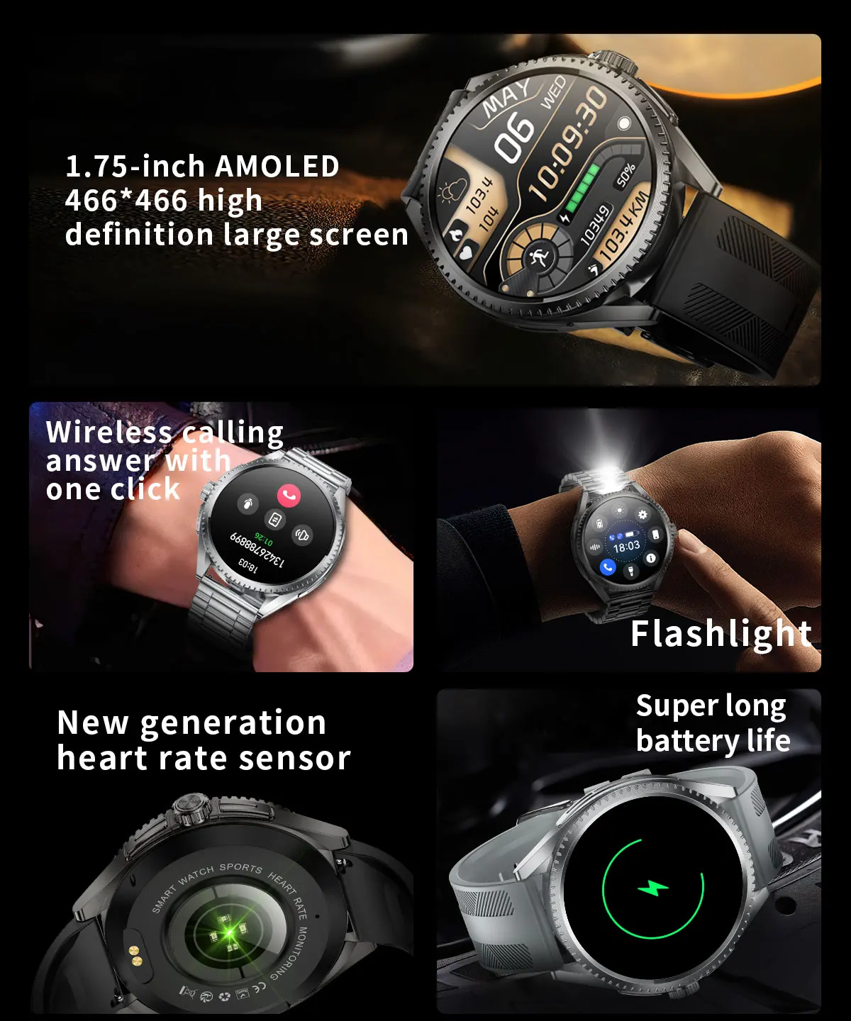 AMOLED 1,75 "reloj inteligente para hombres LED Falshlight múltiples modos deportivos pulsera de Fitness Bluetooth llamada 600mAh batería grande Smartwatch