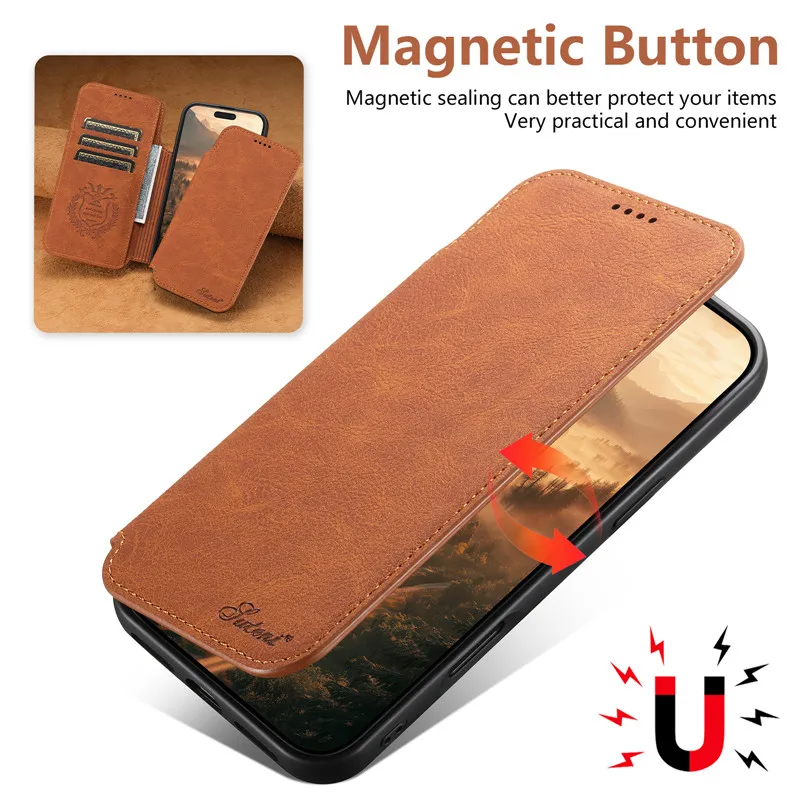 Portafoglio in pelle retrò Flip Forte copertura magnetica per iPhone 12 13 14 15 16 17 Pro Max Air Multi slot per schede Custodia per telefono