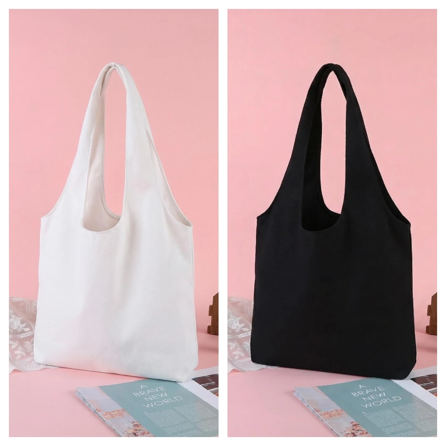 Eco-Friendly Shopping Bag, Large Capacity, Tote Bag, Solid Color Canvas Handbag, Travel Shoulder Crossbody Bag