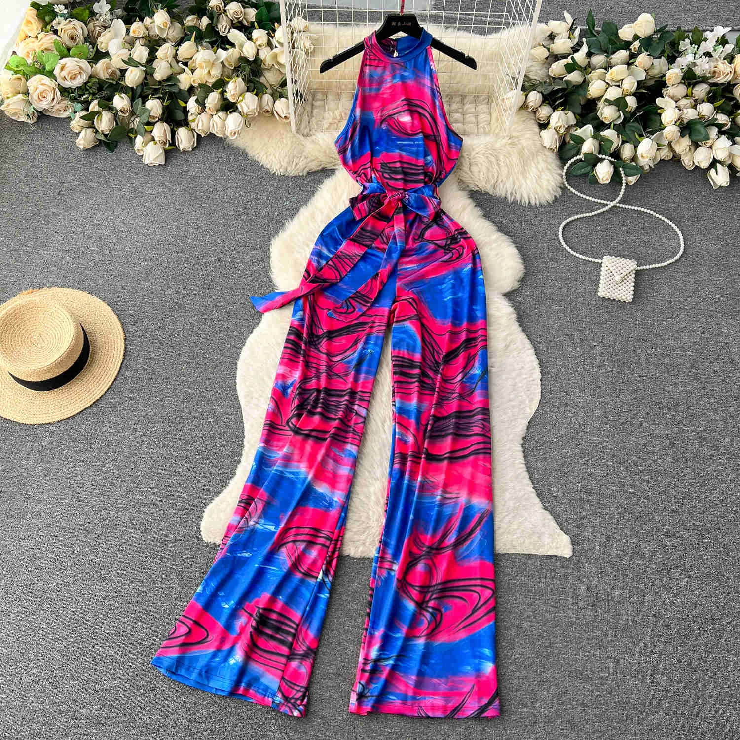 Elegant Multi-color Print Long Jumpsuits for Women Fashion Summer O Neck Sleeveless Slim Wide Leg Full Length One Piece Rompers