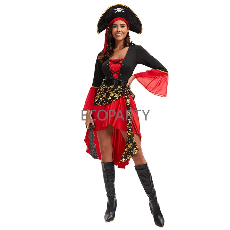 Female Caribbean Pirates Capatain Costume with Hat Halloween Role Playing Cosplay Suit Woman Medieval Gothic Fancy Dress