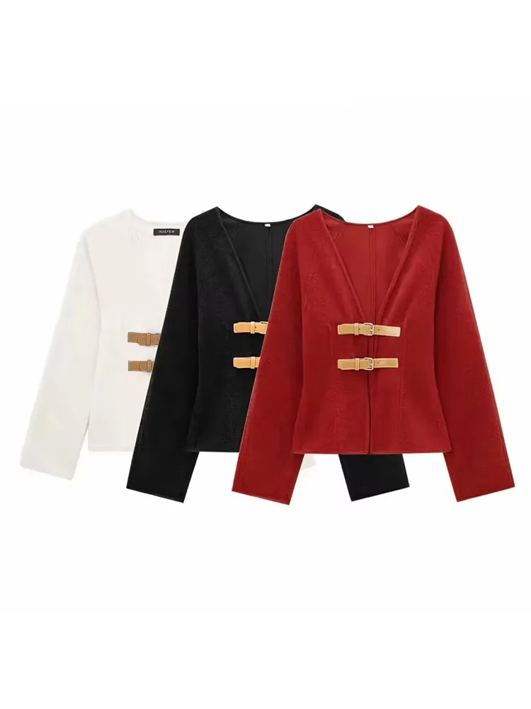 2024 Spring Woman\'s Fashion Casual Beige Cardigan Sweater Coat V-Neck Long Sleeves With Belt Knitted Crop Tops Streetwear