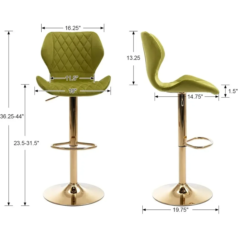 Conjunto de 2 Banquetas Ajustáveis de Veludo, Douradas e Verdes, Cadeiras de Balcão com Altura de 23.6-31.5 Polegadas