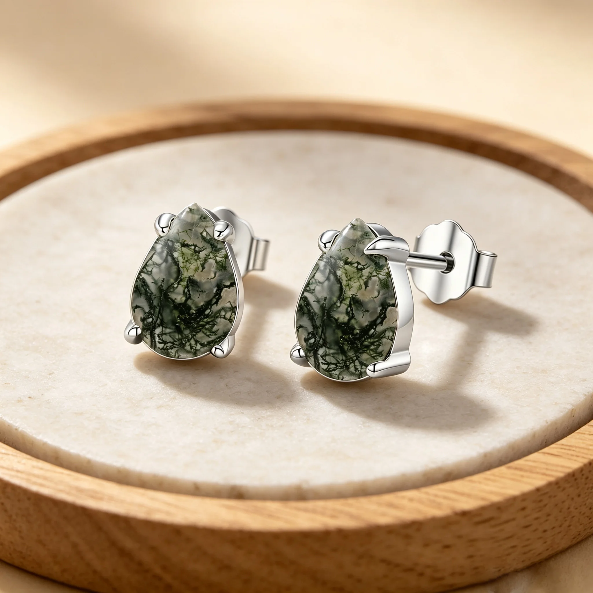 Teardrop Moss Agate Stud Earrings for Women Dainty Natural Forest Style Ear Jewelry for Daily Wear Party Birthday Holiday Gift