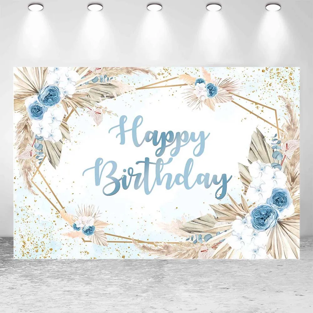 Mocsicka blauwe aquarel Boho bloemen gelukkige verjaardag achtergrond Boheemse Pampas gras babyjongen 1e verjaardag achtergrond Party Decor