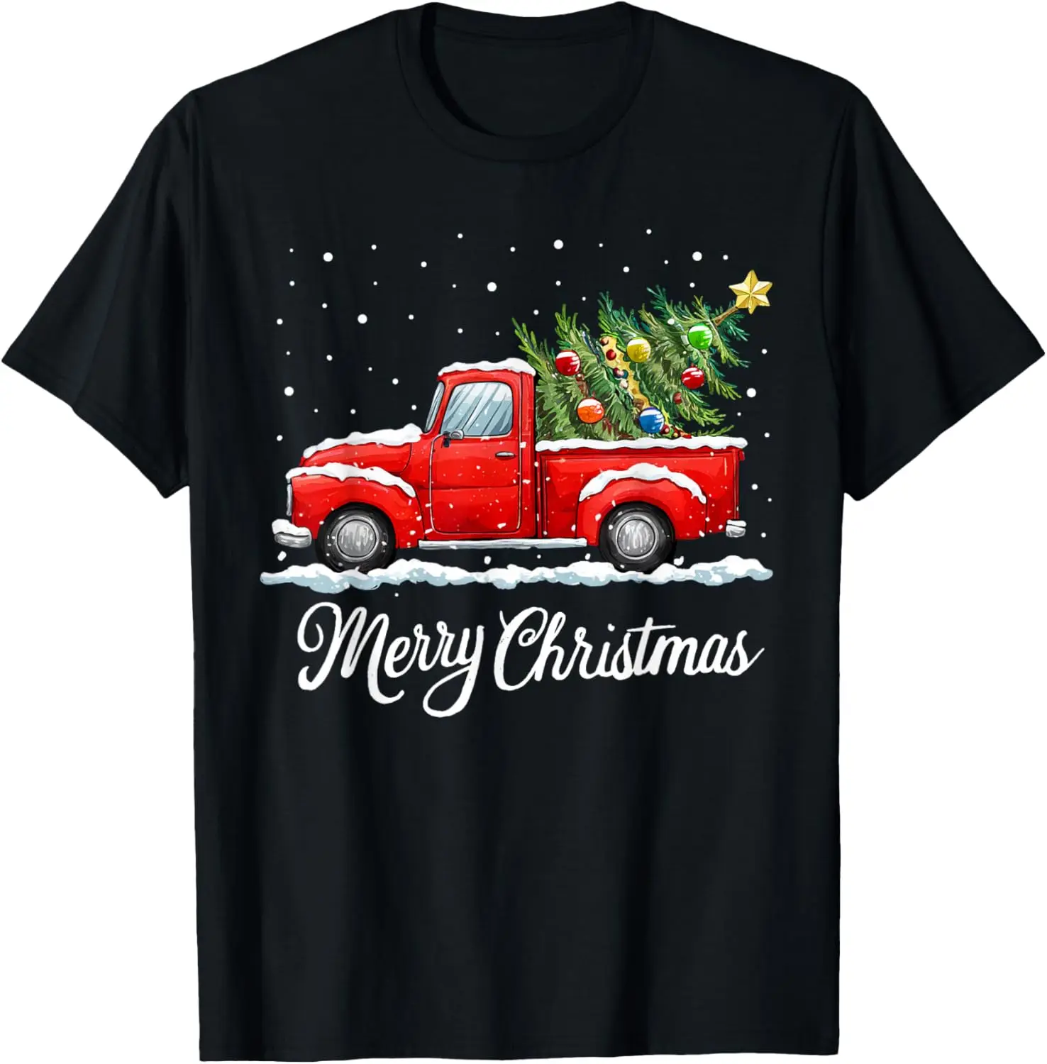Vintage Merry Red Truck Old Fashioned T-Shirt 100% Cotton Trendy Y2K Short-Sleeve Tee-Soft, Quick-Drying, Moisture-Wicking;