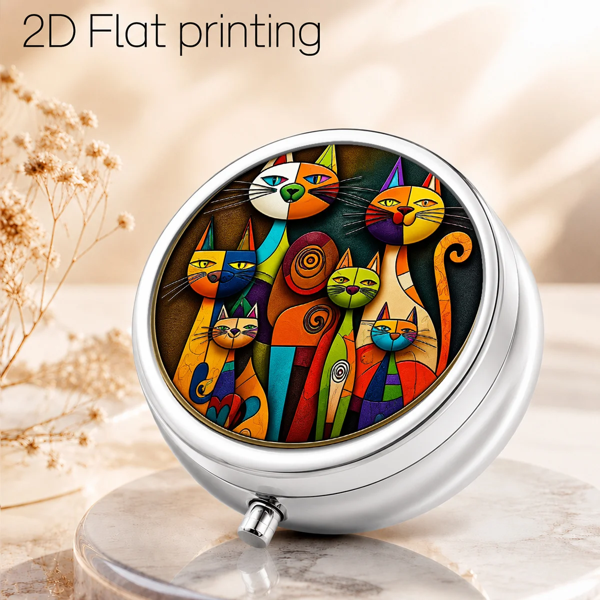 1Pc, Flat, Colorful Geometric Collage Cat Pattern, Portable Pill Box for Daily Travel, Moisture-Proof Small Pill Box, Multifunctional Storage Box for Vitamins and Supplements, Small Jewelry Organizer, Waterproof Pill Storage Box, Holiday Gifts, Souvenirs,