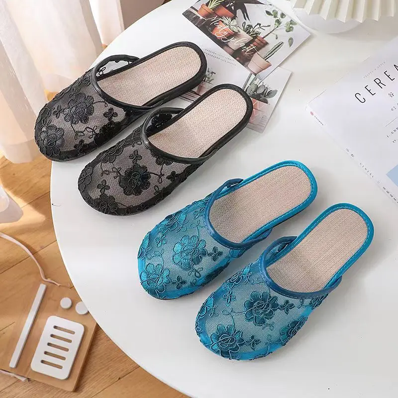 Women Stylish Mesh Floral Slippers Flats Flip Flop Loafers Ladies Mules Fresh Breathable Home Floor Parent-Child Eva Bottom