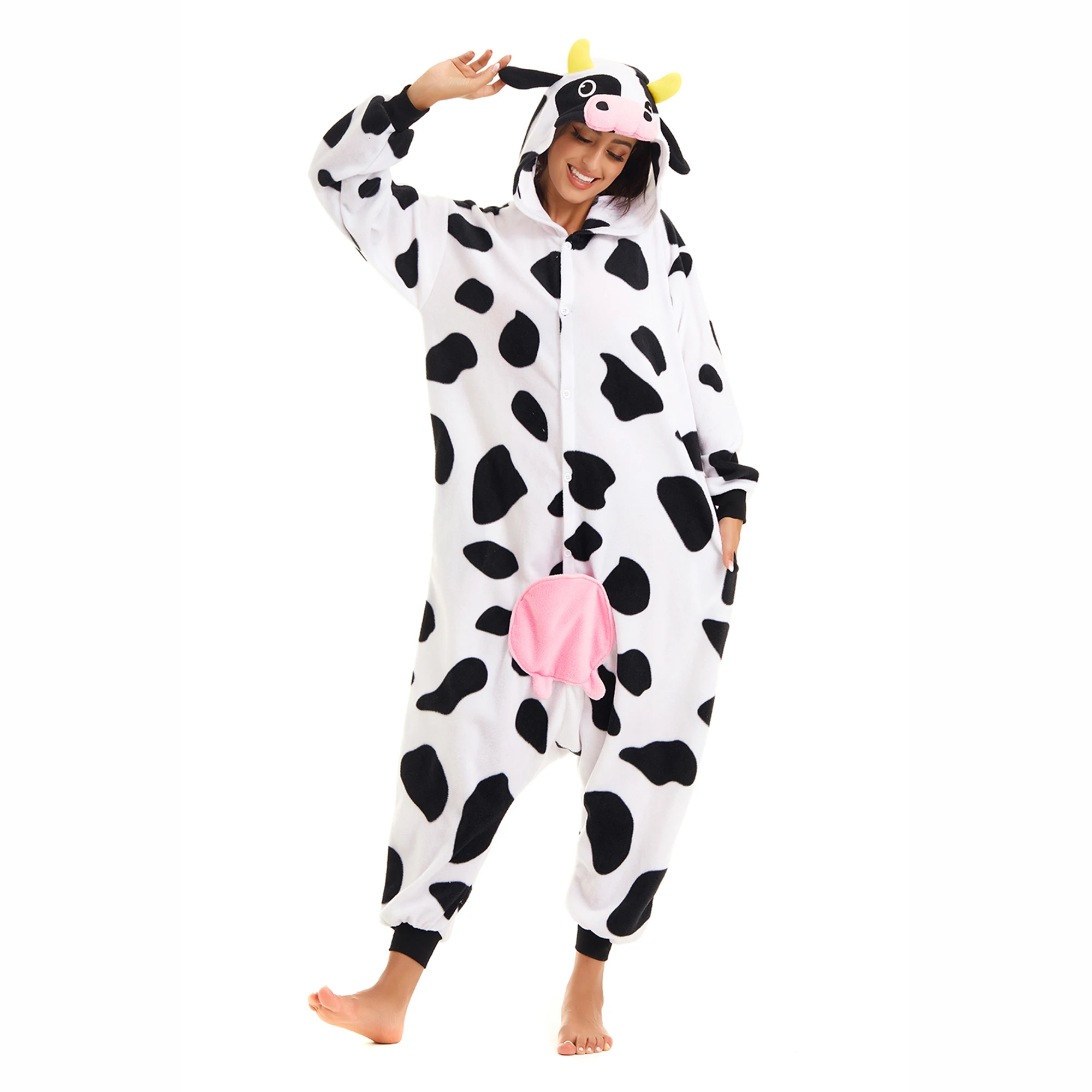 Cow Costume For Adult Women Hooded One-piece Pajamas Halloween Christmas Animal Cosplay Onesie Homewear Winter Soft Cute Pyjama