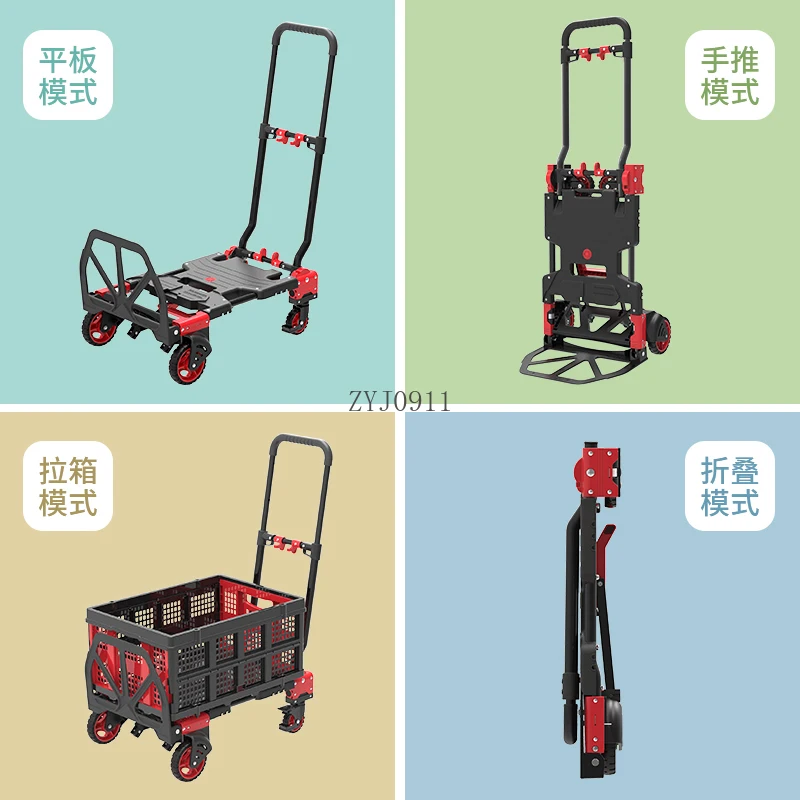 Trolley Folding Silent Hand Pull Truck Portable Four Wheel Pull Shopping Trolley