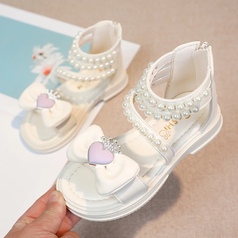 *Fashionable and Elegant Round Head Pearl Soft Princess Flat Sandals Summer New Bow Children's Open Toed Casual Shoes