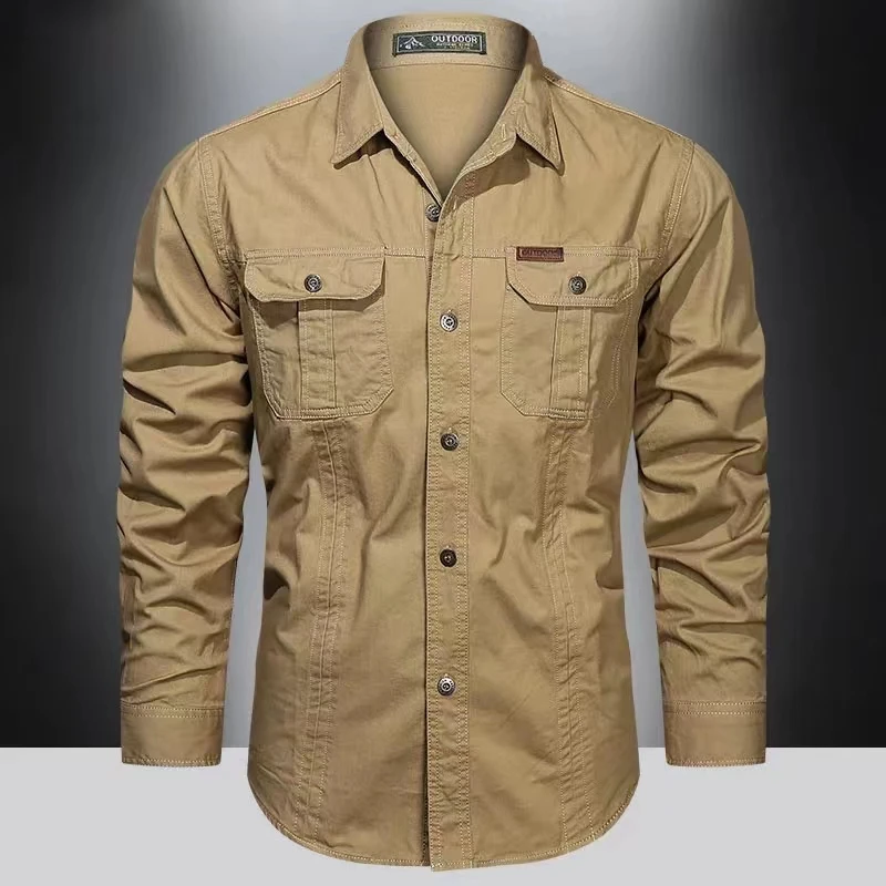 100% Cotton Men's Shirts Solid Color Multi-Pocket High Quality Cargo Shirt Fashion New Outdoor Casual Long Sleeve Shirts for Men