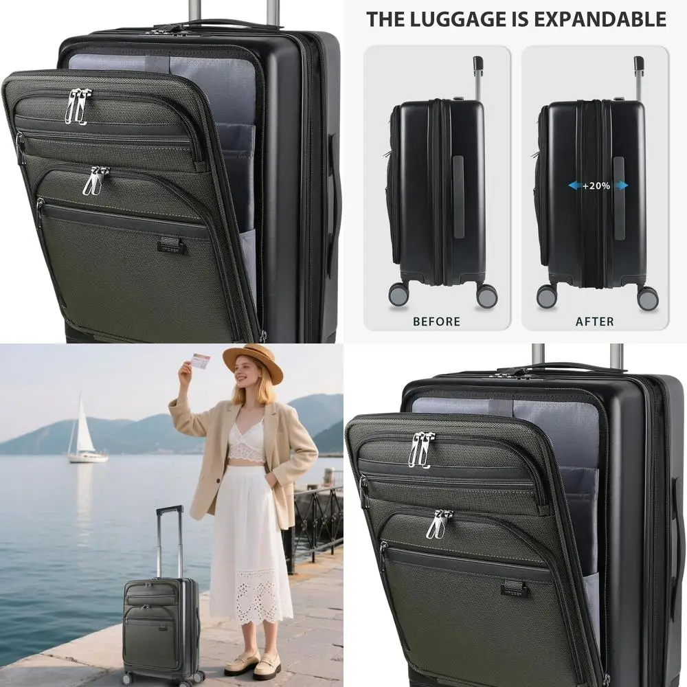 

Расширяемый чемодан для ручной клади, одобренный авиакомпанией, с замком TSA, USB-портом и бизнес-карманами — черный, армейский зеленый цвет