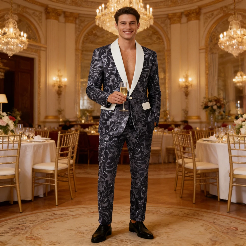 

Мужской костюм-смокинг с пайетками и узором пейсли, белый атласный, с шалевым воротником, приталенный, 2 предмета (пиджак+брюки), для свадьбы, выпускного вечера, вечеринки, большие размеры