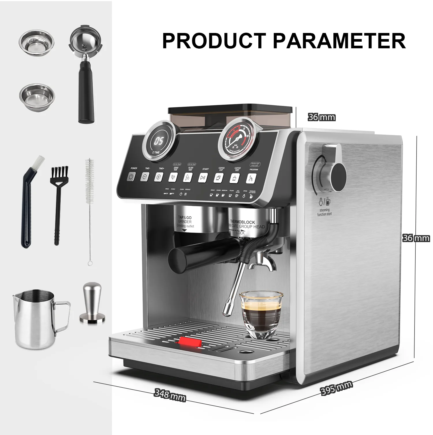 Best Custom Dual Boiler Espresso Machine 2.7L Water Tank Capacity Multifunctional Coffee Maker Stainless Steel Grinder Hotels