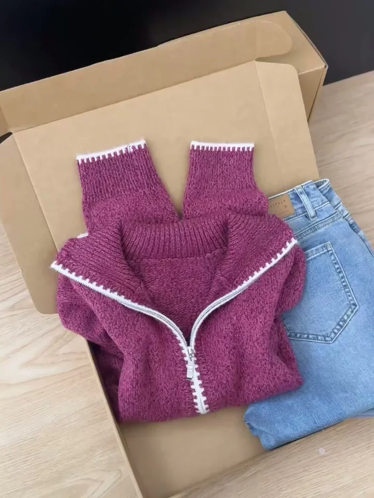 

Сплошной цвет, женский пуловер на полумолнии, свитер с высоким воротником, универсальные вязаные топы, простые осенние повседневные вязаные топы с длинными рукавами