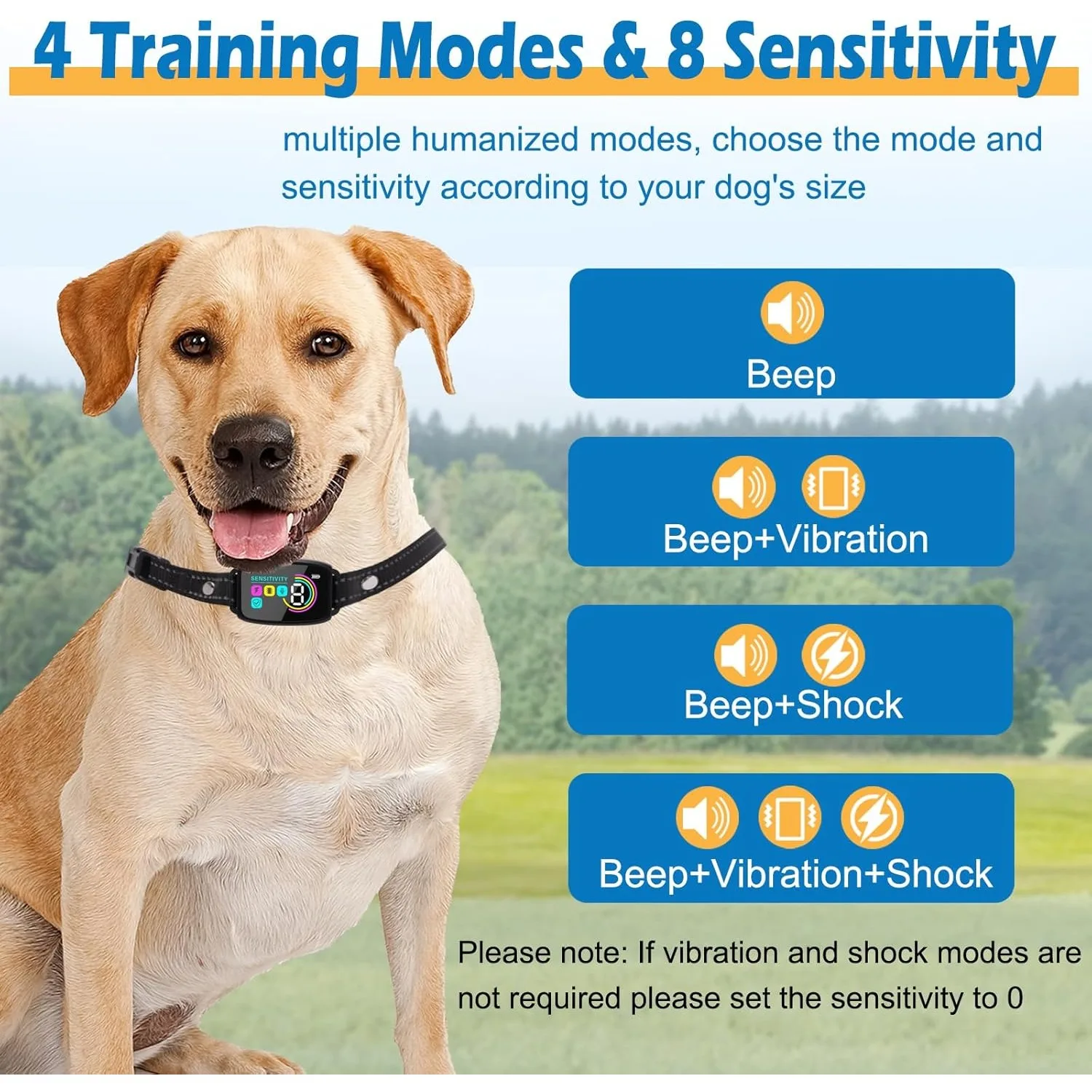 Dog Bark Collar for Large Medium Dogs Humane Smart Bark Training Collar with Beep Vibration Shock Rechargeable 8 Sensitivity