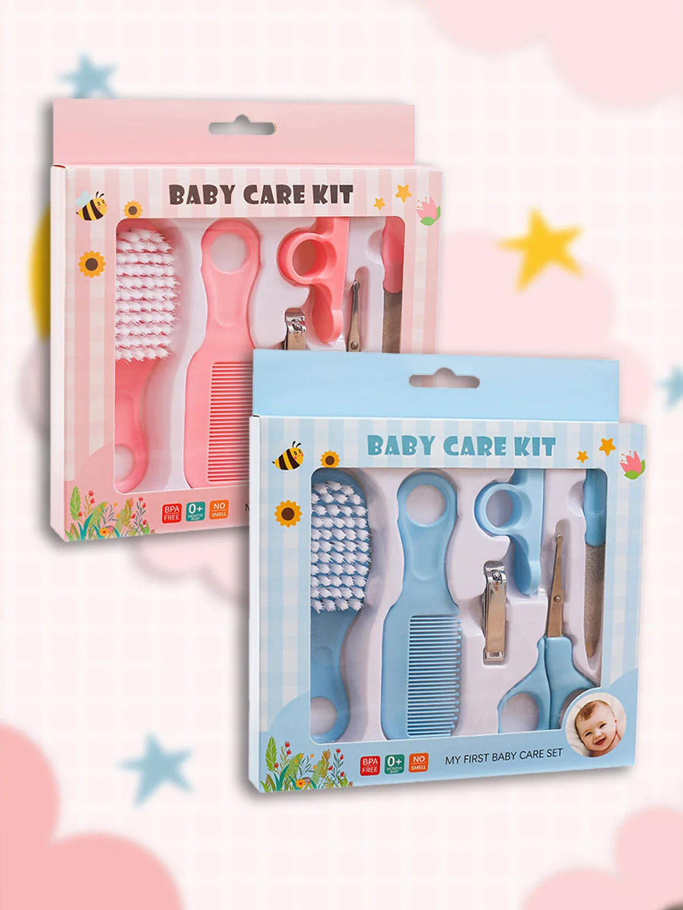 The 6-piece neonate nail and hair daily care kit includes a beauty brush comb for home use nail sets