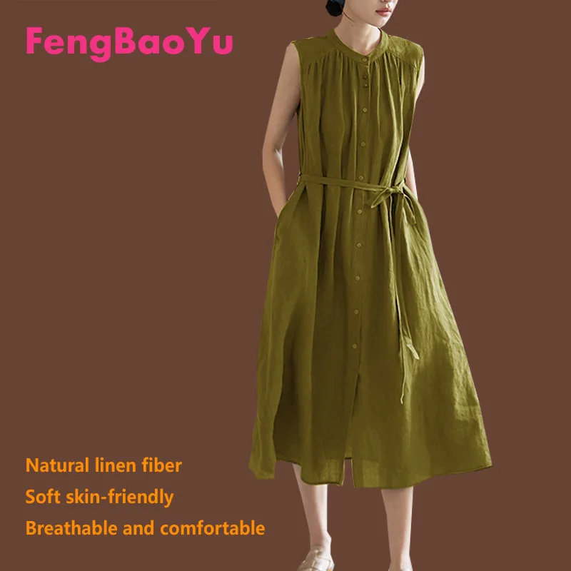 Fengbaoyu Linen Summer Lady Sleeveless Cardigan Dress Casual Cool Women's Clothes White 5XL Skirt Loose Fat Girl Beach Vacation