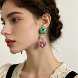 New Cute Love Heart Drop Earrings For Girls Trendy Lovely Acrylic Resin Pearls Star Shaped Dangle Earrings Accessories