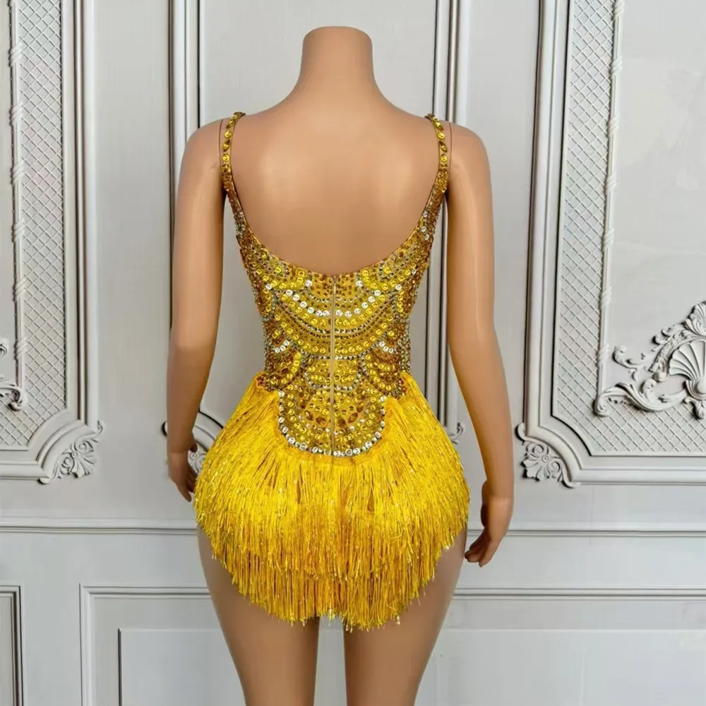 Luksusowy Złoty Różowy Kombinezon z Frędzlami i Cyrkoniami dla Kobiet, Seksowny Strój na Pokaz Klubowy, Scenę, dla Piosenkarki, Drużyny Tanecznej, Kostium na Występ