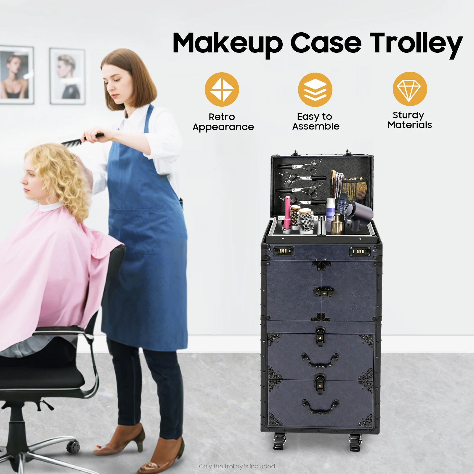 

Blue Retro Rolling Makeup Case, Lockable with Wheels for Professional Hair & Makeup Artists