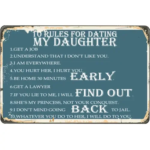 Funny Sarcastic Father Metal Tin Sign Man Cave Rules To Date Daughter Wall Decor
