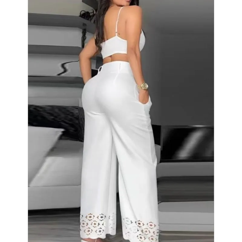 Summer Sexy 2 Piece Set Women V-Neck Strap Shirred Slim Crop Top & Lace-up Wide Leg Pants Sets Elegant Holiday Lady Suit
