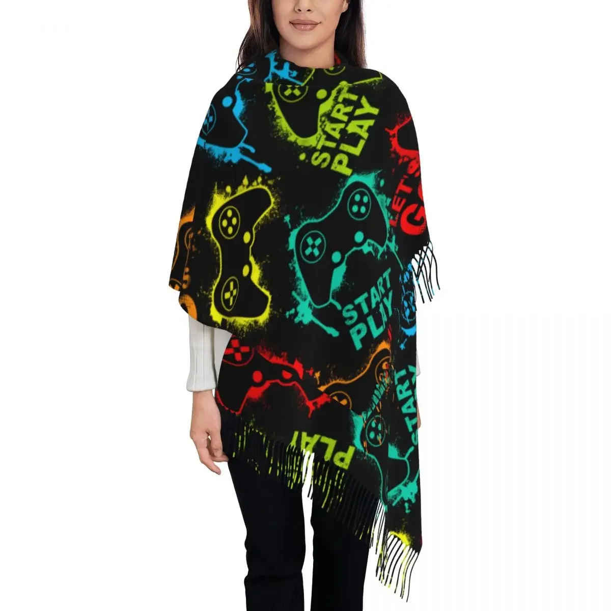 Custom Game Controller Scarf Wrap for Women Long Winter Fall Warm Tassel Shawl Unisex Gamer Gift Scarves
