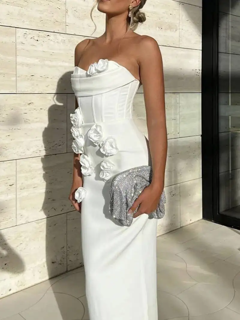 

Women Sexy Bodycon Dress Fashion White Elegant Strapless Flower Slim Dress Casual Streetwear Club Birthday Party Dresses
