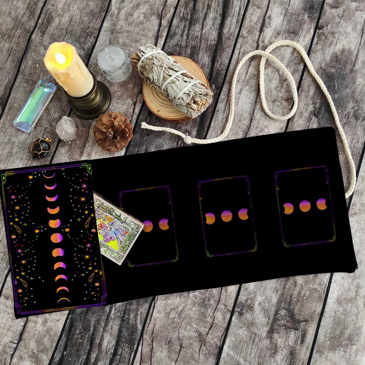 Moon Phase Starry Sky Tarot Roll Wrap Pouch, Celestial Tarot Card Storage Bag, Witchy Divination Supply for Tarot Readers