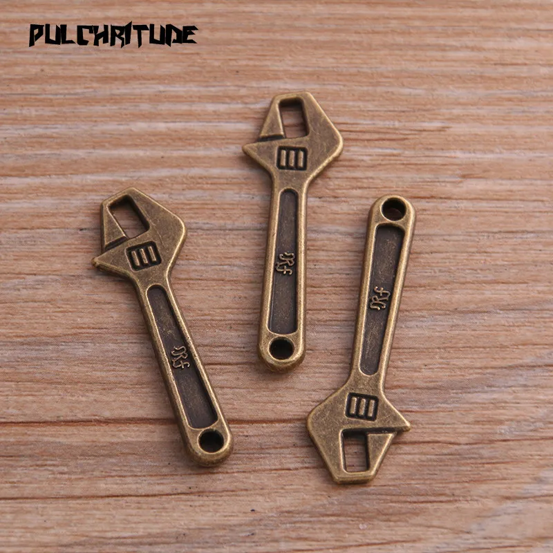 PULCHRITUDE 8PCS 13*40mm Two Color Metal Zinc Alloy Daily Necessities Tool Wrench Charms Fit Jewelry Pendant Charms Makings