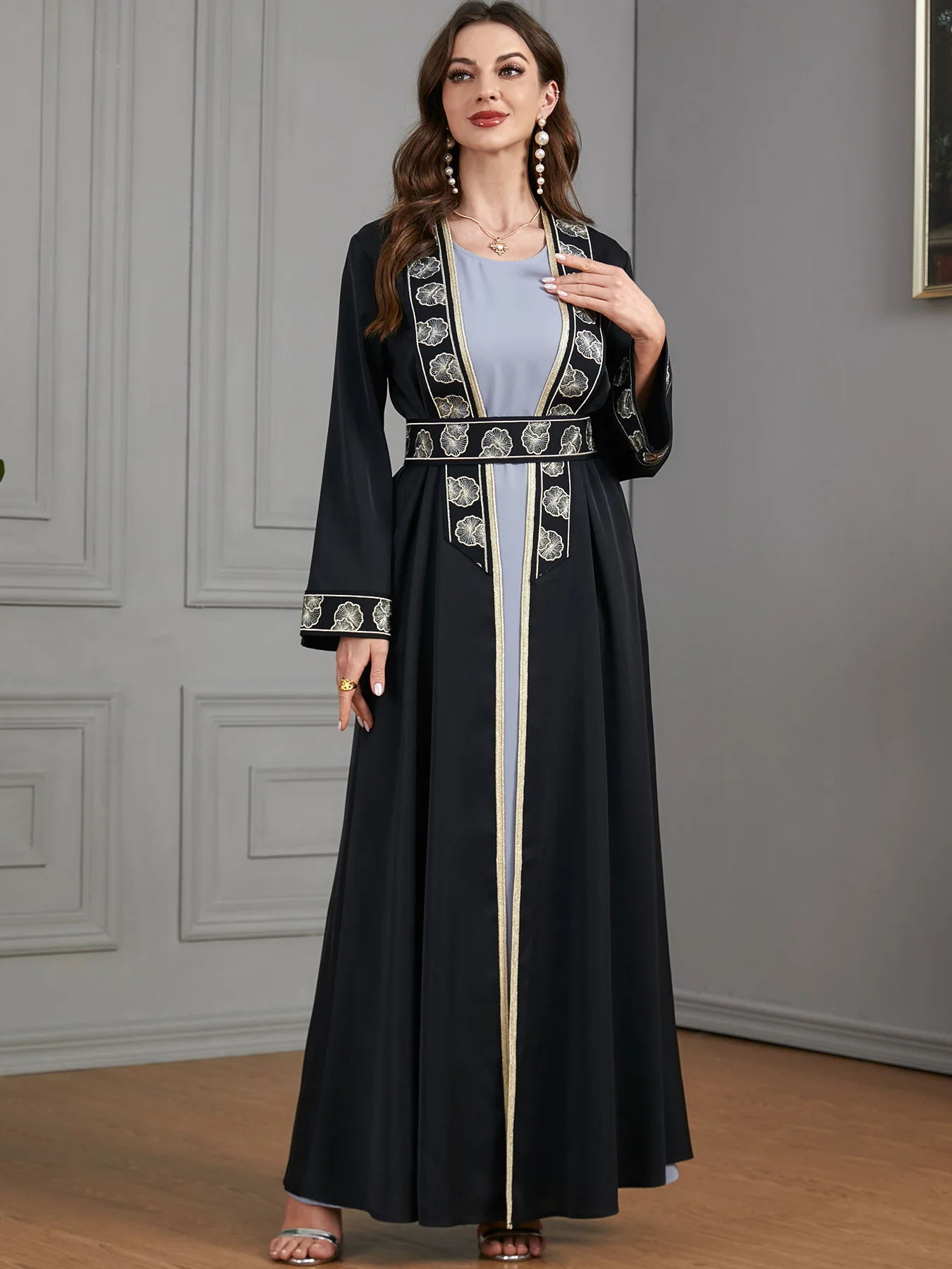 Eid Muslim Women 2-częściowe zestawy Otwarte sukienki z haftem Abaya Szarfy Jalabiya Vestidos Arabska szata Ramadan Maroko Dubaj Kaftan