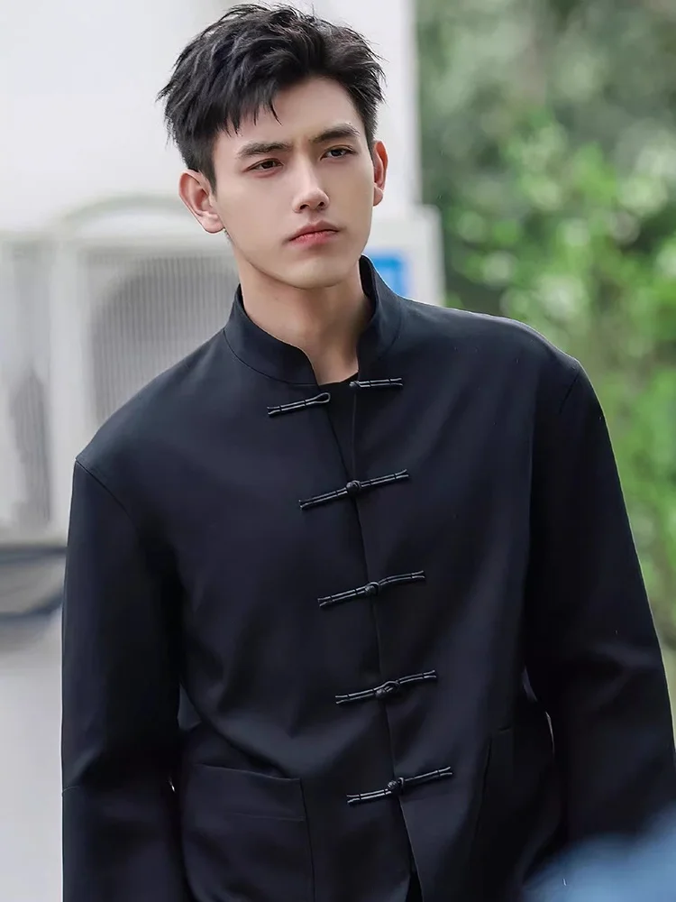 ชุดสูทลำลองสไตล์จีนใหม่สำหรับผู้ชาย แขนยาว ติดกระดุม ทรงหลวม ใส่ได้ทุกฤดู