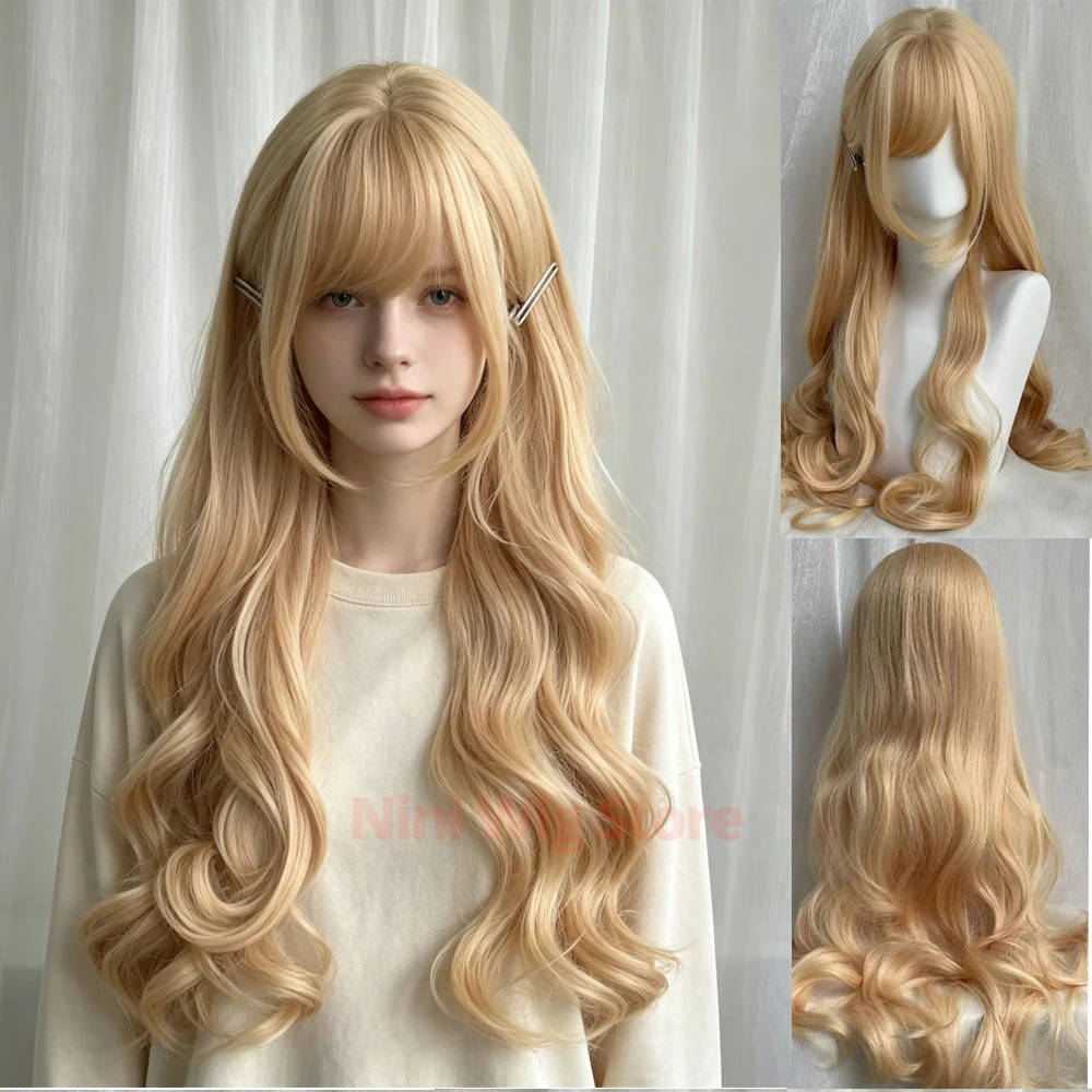 Blonde Long Wavy Synthetic Wig Nature Curly Hair For Women Cosplay Lolita Party Halloween Christmas Daily Use Heat Resistant