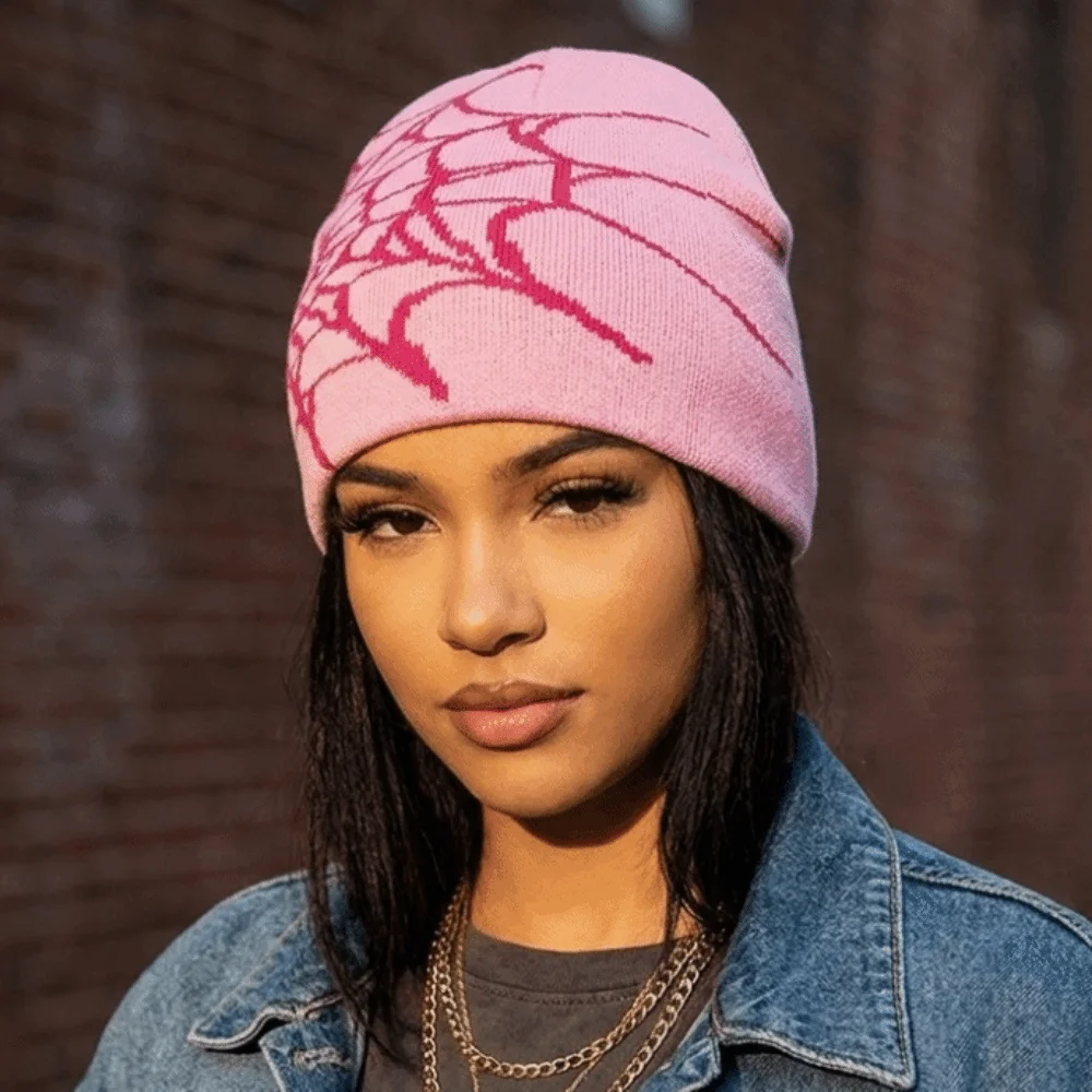 Gothic Soft Spider Web Pattern Beanie Caps Stretch Warm Pullover Hat Street Punk Multiple Colors Cuffed Knitted Hat Outdoor