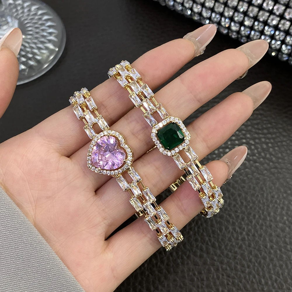 

Luxury Square Heart Shaped Zircon Stainless Steel Bracelet Women Elegant Exquisite Stackable Irregular Wide Chain Bangle Jewelry