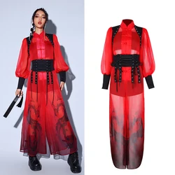 2024 Jazz Dance Performance Costumes For Women Red Outfits Chinese Style Kpop Clothing Girls Group Hip Hop Stage Wear DN17482