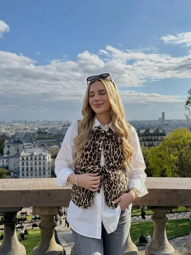 

HH Woman Fashion Leopard Printed Vest V-Neck Bow Sleeveless Tie Front Casual Shirts Waistcoat Summer Daily Outfits Vintage Tops