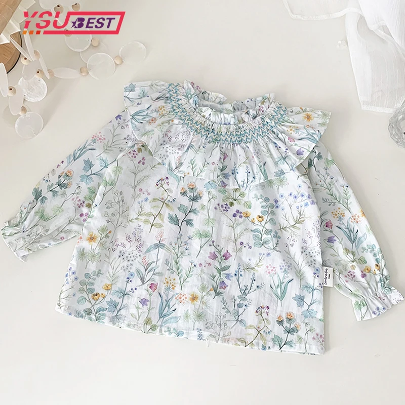 Baby Girls Blouse Shirt Spring Outwear Flowers Ruffle Shirt Summer Overcoat Top Party Handmade Shirt Children\'s Clothing Korean