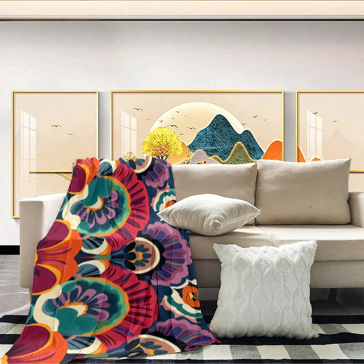 Vibrant Abstract Boho Throw Blanket 150x200cm Chunky Decorative Living Room Sofa Cover  Chunky Abstract Boho Mandala Throw Blank