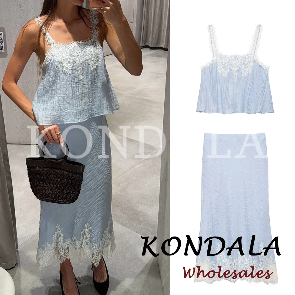 KONDALA Chic 2026 Frühling Damen Casual Blaue Spitzenanzüge Sexy Kurze Weste + Eleganter Langer Midirock Modische Strandsets für Damen