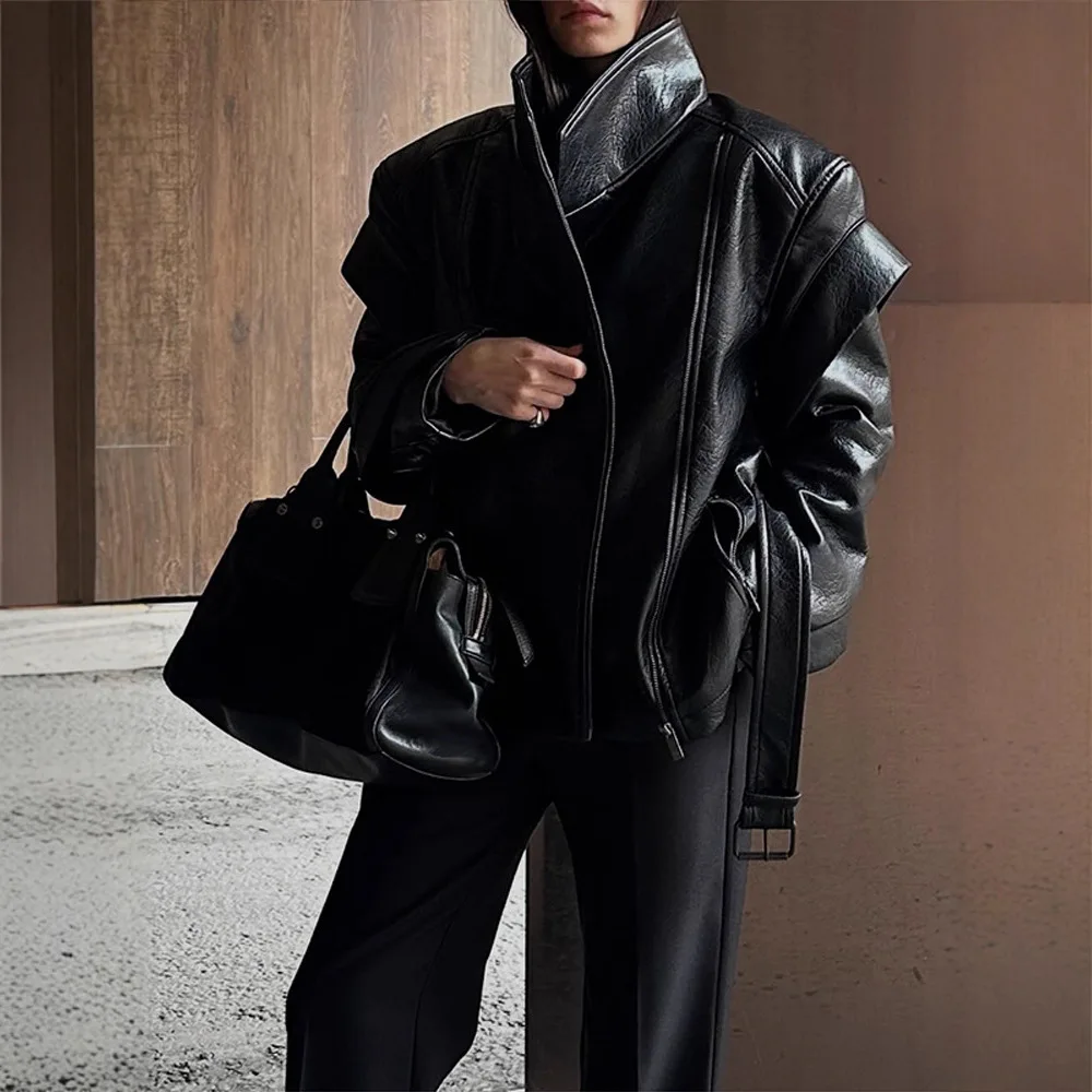 Women Shiny PU Leather Short Jacket Stand Collar Diagonal Zipper Belted Waist Streetwear Autumn Winter Casual Daily Wear