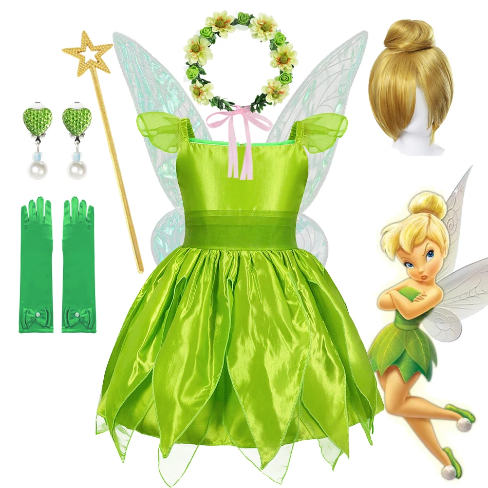 Disney Girls Tinker Bell Costume Kids Green Fairy Princess Tinkerbell Fancy Dress Birthday Party Gowns Halloween Cosplay Outfits