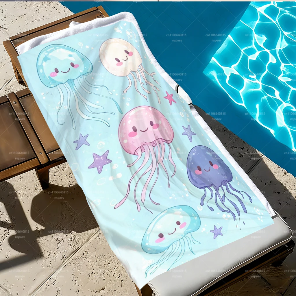 Cute Jellyfish Print Beach Towel, Kawaii Marine Animal Bath Towel, Super Absorbent Microfiber Towel for Kids & Adults, Swimming
