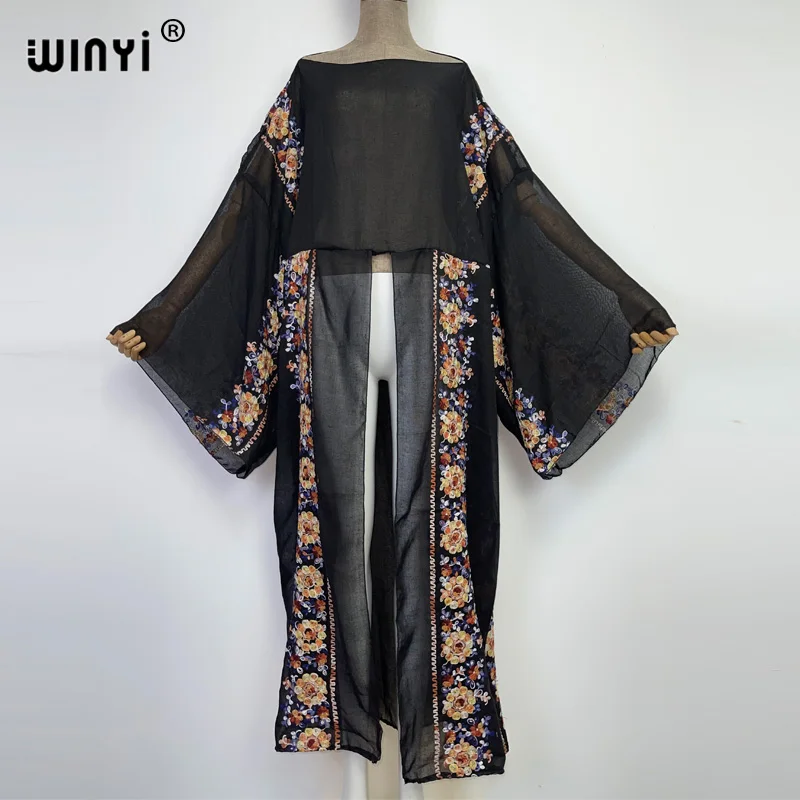 WINYI Women 2022 boho Comfort Fork sexy perspective beach cover up gown Monochrome embroidered Long Dress Elegant Africa kaftan