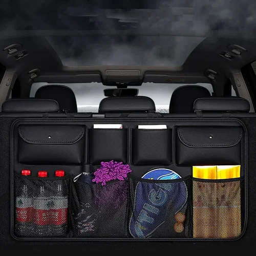 Imagen 2 del producto Bolsa de almacenamiento de cuero PU para asiento trasero de coche, organizador de maletero de coche de alta calidad, accesorios interiores universales